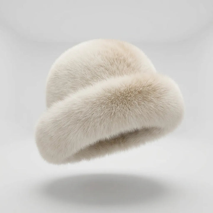 Pink faux fur beanie hat on ghost mannequin, front view