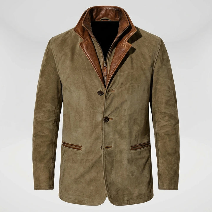 Men's navy blue winter jacket with button closure and brown leather-trim bib