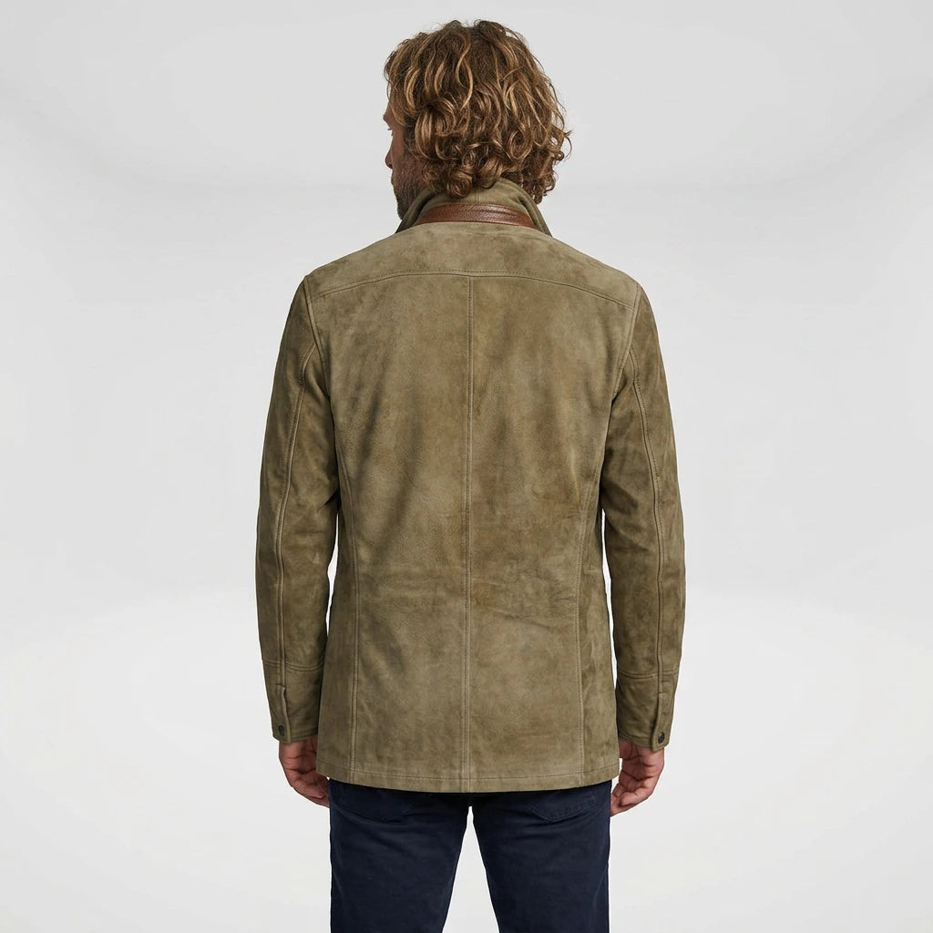 Men's hip-length winter jacket back view with contrast collar