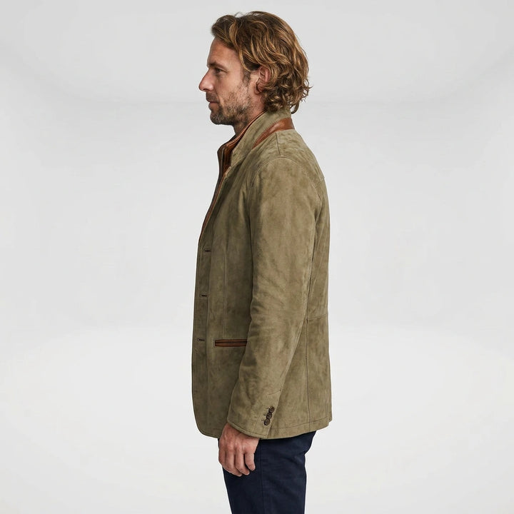 Men's winter jacket side view showing welt pocket and layered collar