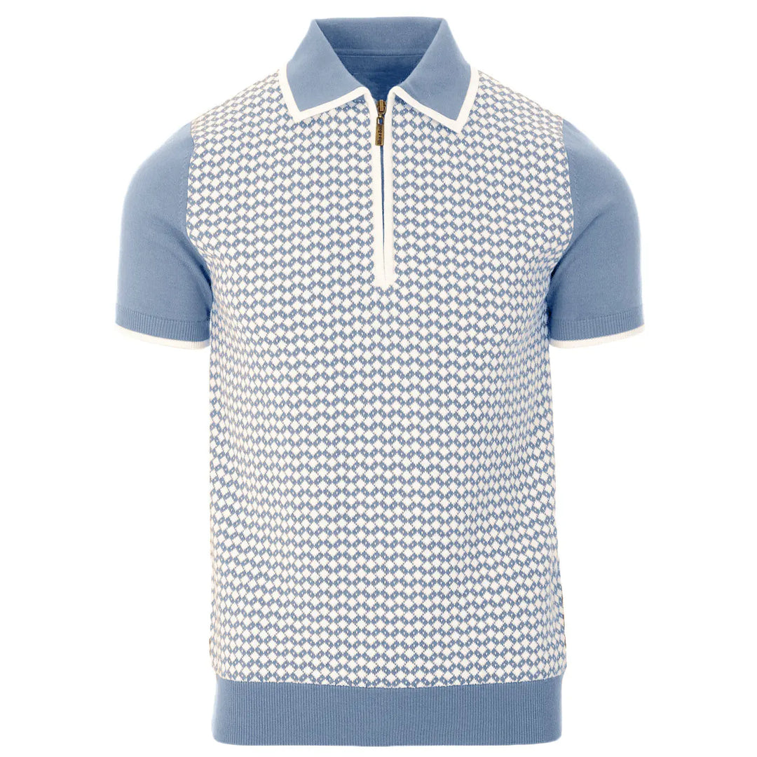 Sky blue diamond pattern knit polo shirt flat lay, ribbed cuffs and hem