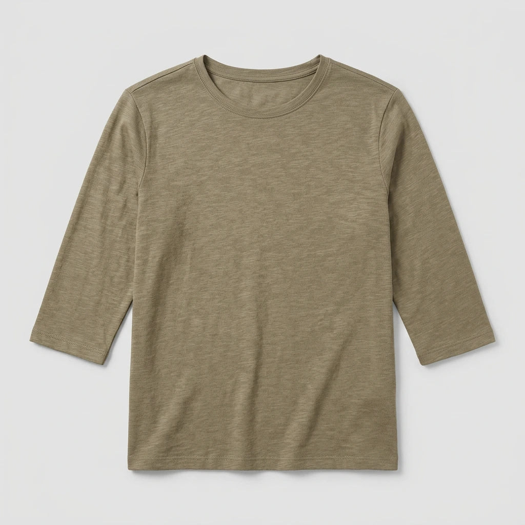 Women's relaxed fit crew neck top 3/4 sleeves, close-up detail