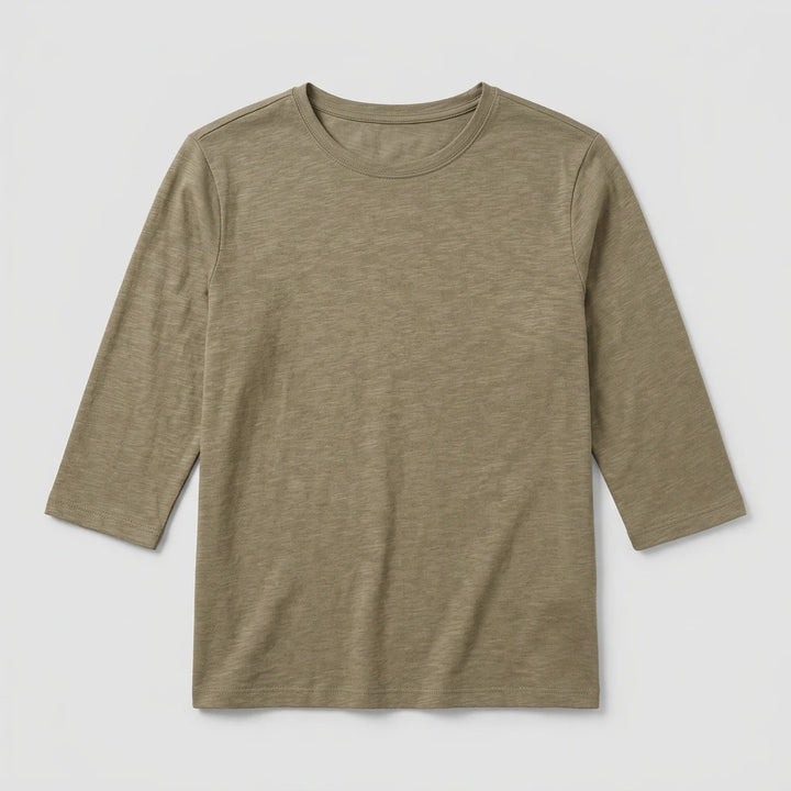 Women's relaxed fit crew neck top 3/4 sleeves, close-up detail