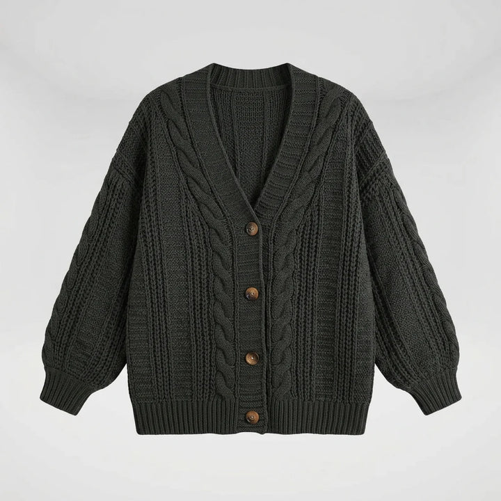 Cable knit cardigan sweater flat lay showing V-neckline and button closure