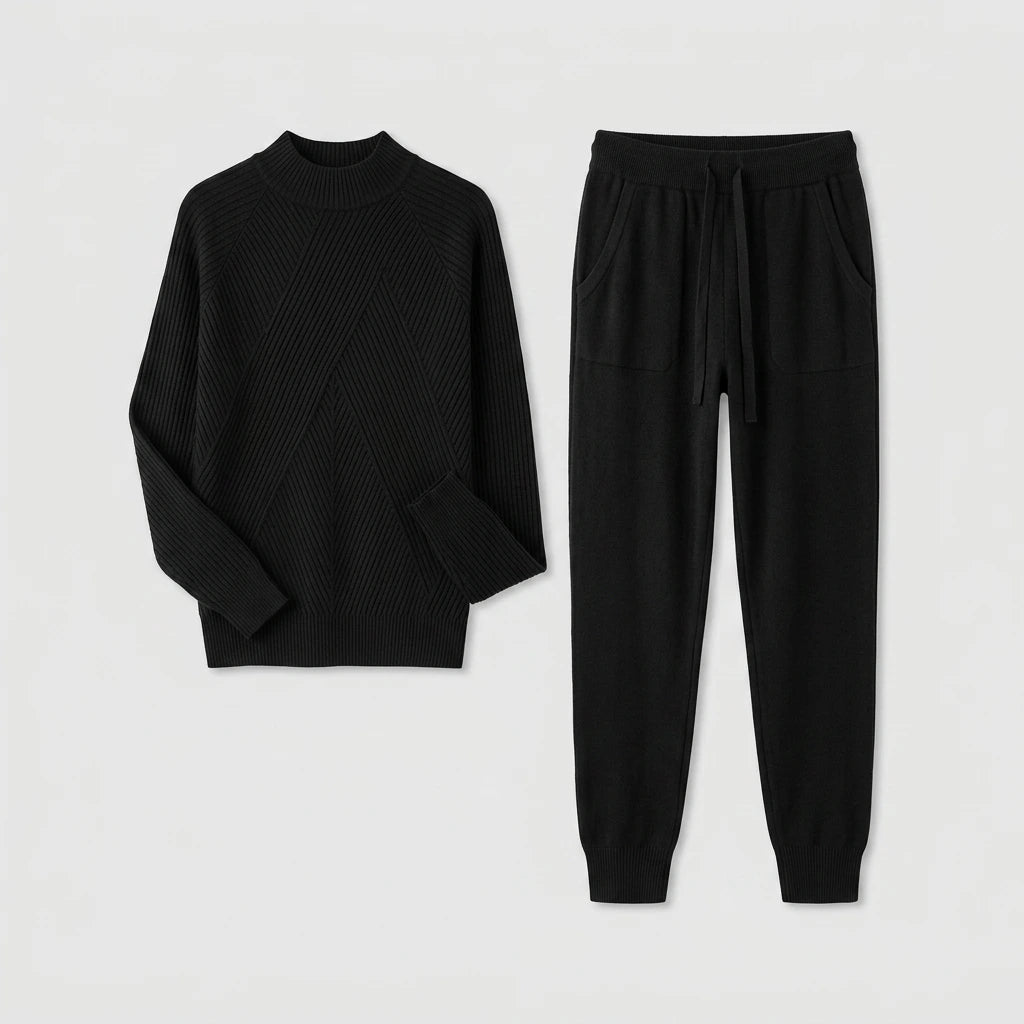 Side view of the women's knit turtleneck sweater and drawstring jogger pants set