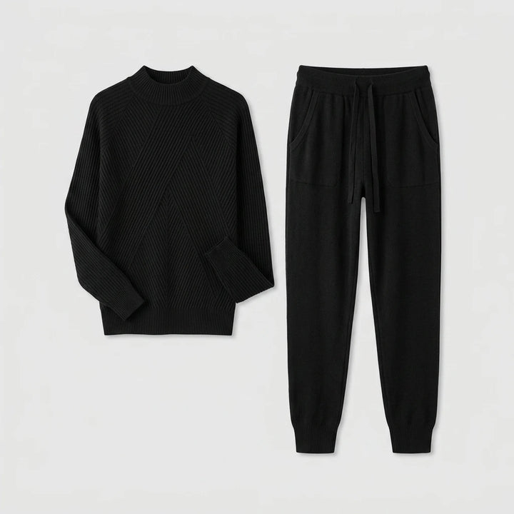 Side view of the women's knit turtleneck sweater and drawstring jogger pants set
