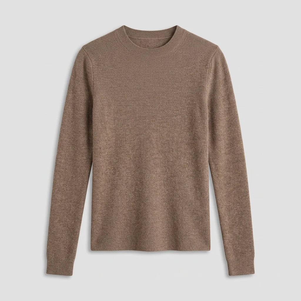 Women's slim-fit taupe ribbed knit mock-neck sweater, flat lay front view