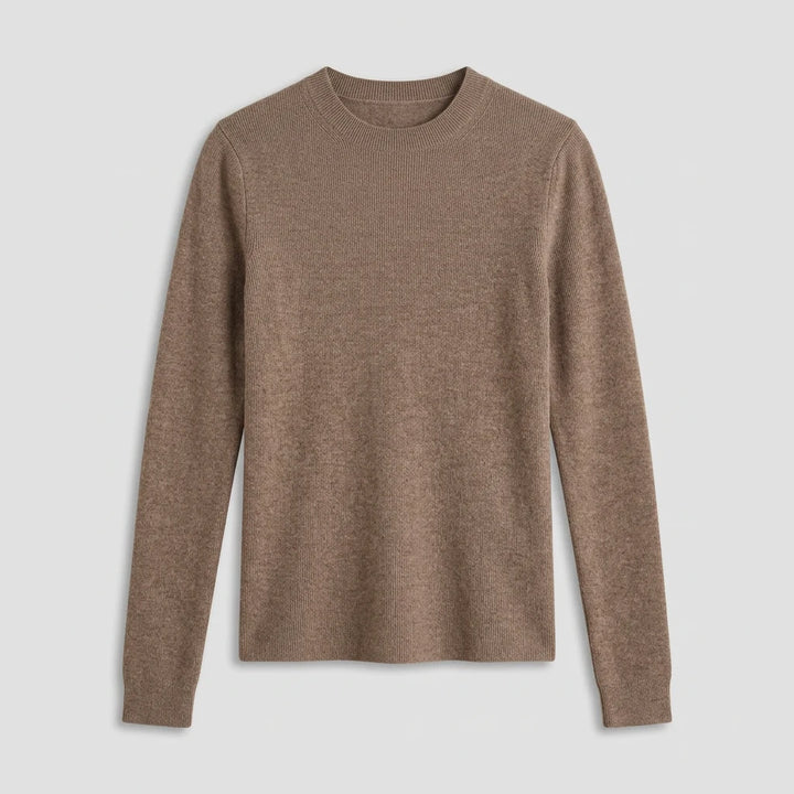 Women's slim-fit taupe ribbed knit mock-neck sweater, flat lay front view