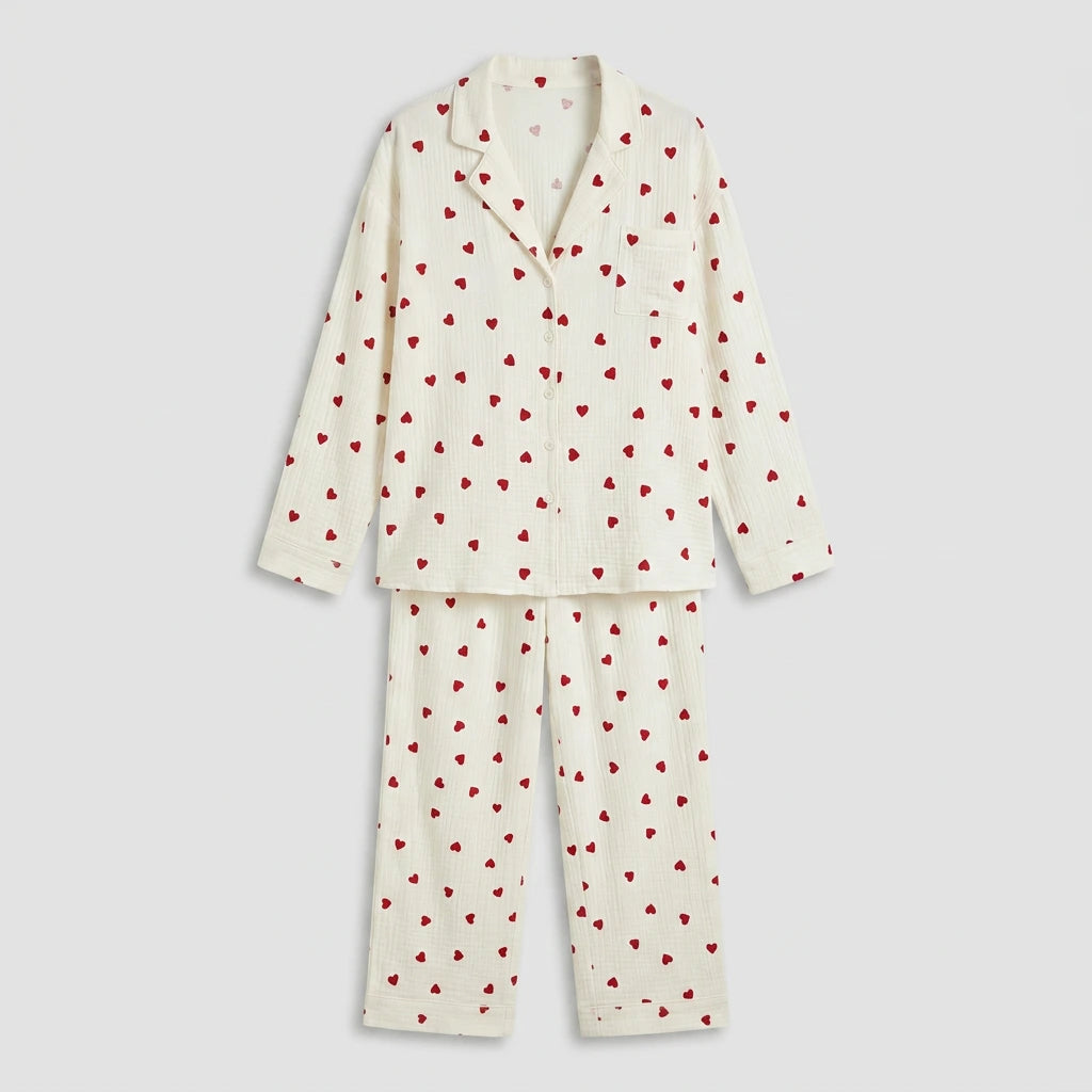 Women's Pajama Set | Long Sleeve Button-Down with Heart Print