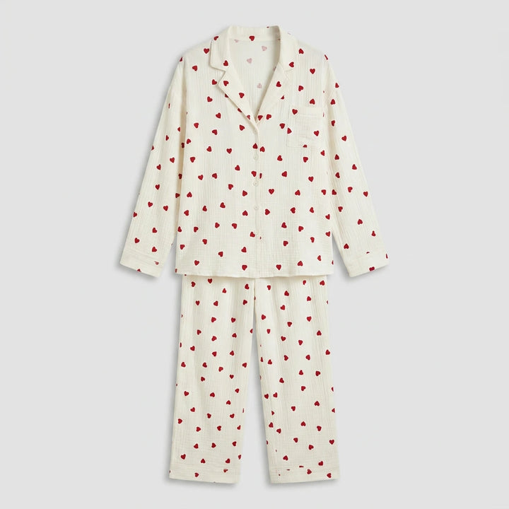 Women's Pajama Set | Long Sleeve Button-Down with Heart Print