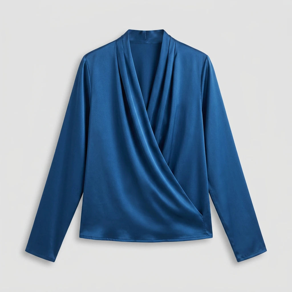 Women's wrap blouse long sleeve V-neck blue, flat lay