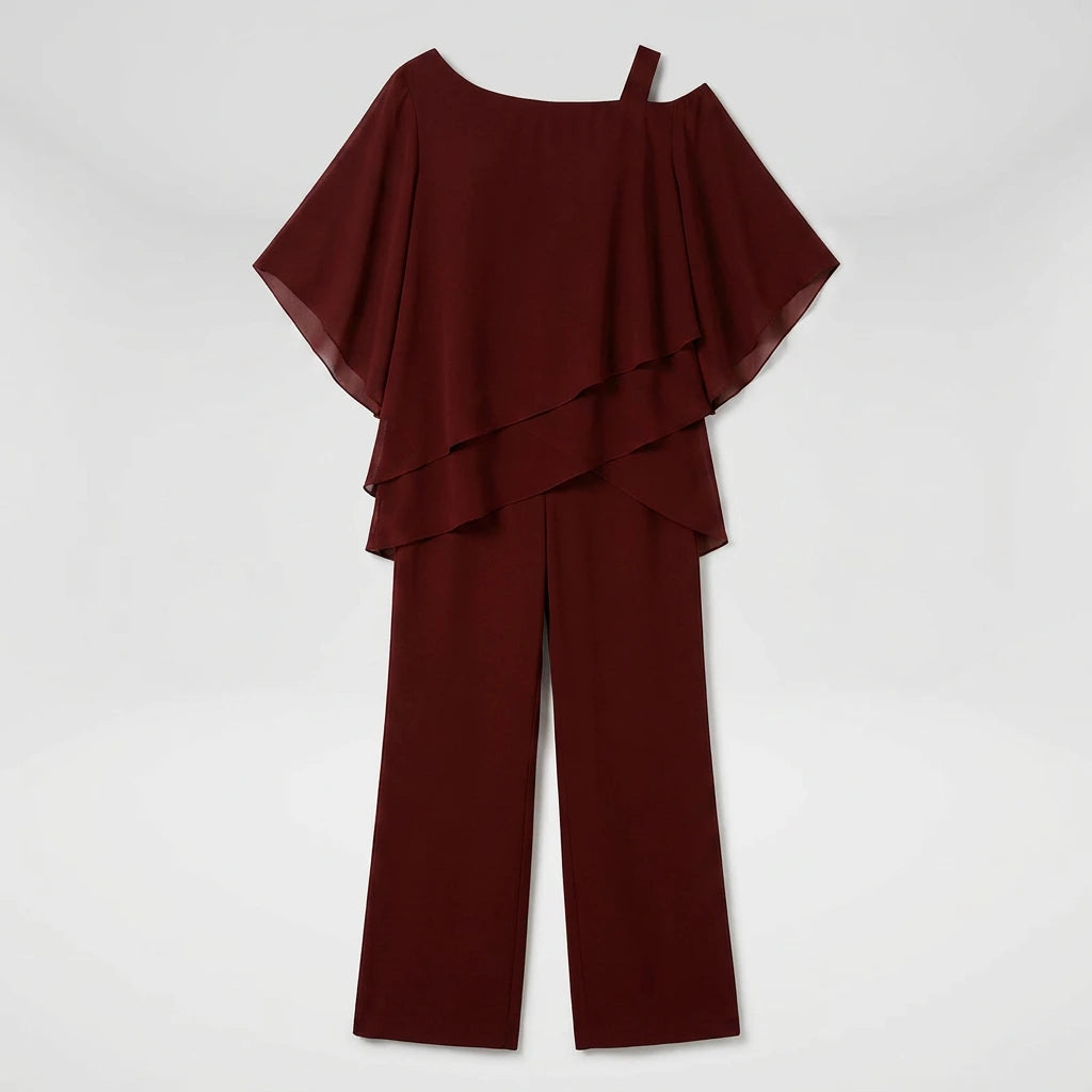 Burgundy chiffon layered top and wide-leg pants set, flat-lay front view