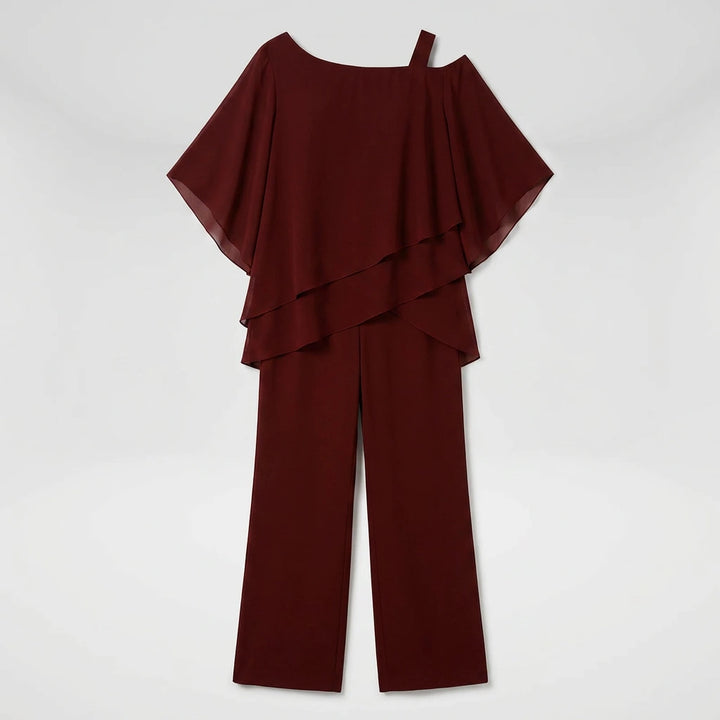 Burgundy chiffon layered top and wide-leg pants set, flat-lay front view