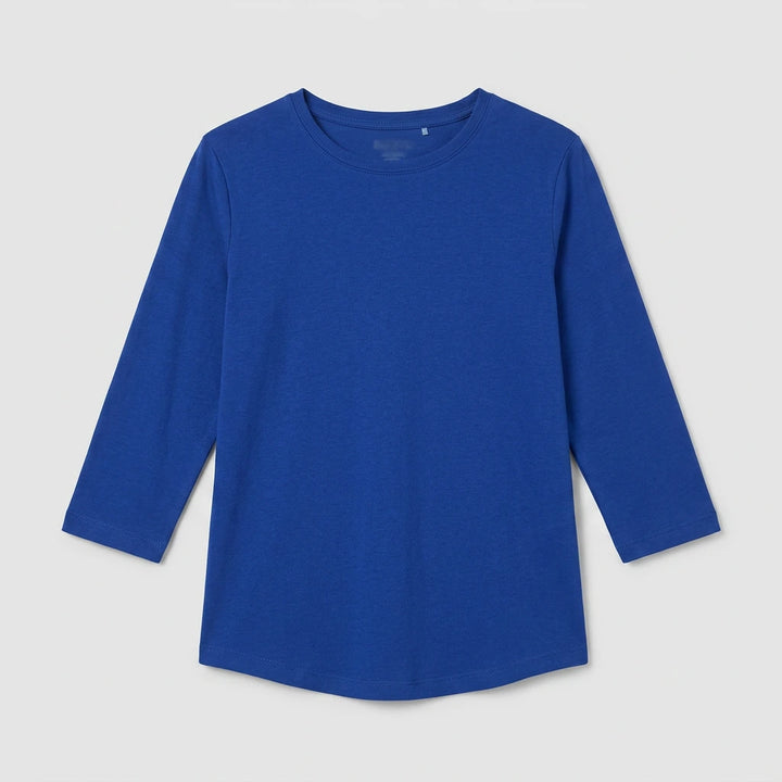 Women's loose-fit crew neck top with 3/4 sleeves, side view