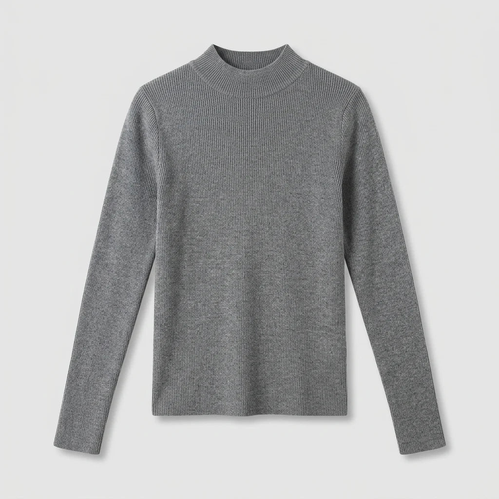 Women's heather gray slim-fit ribbed mock-neck knit sweater, front flat lay