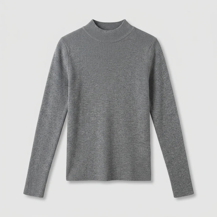 Women's heather gray slim-fit ribbed mock-neck knit sweater, front flat lay