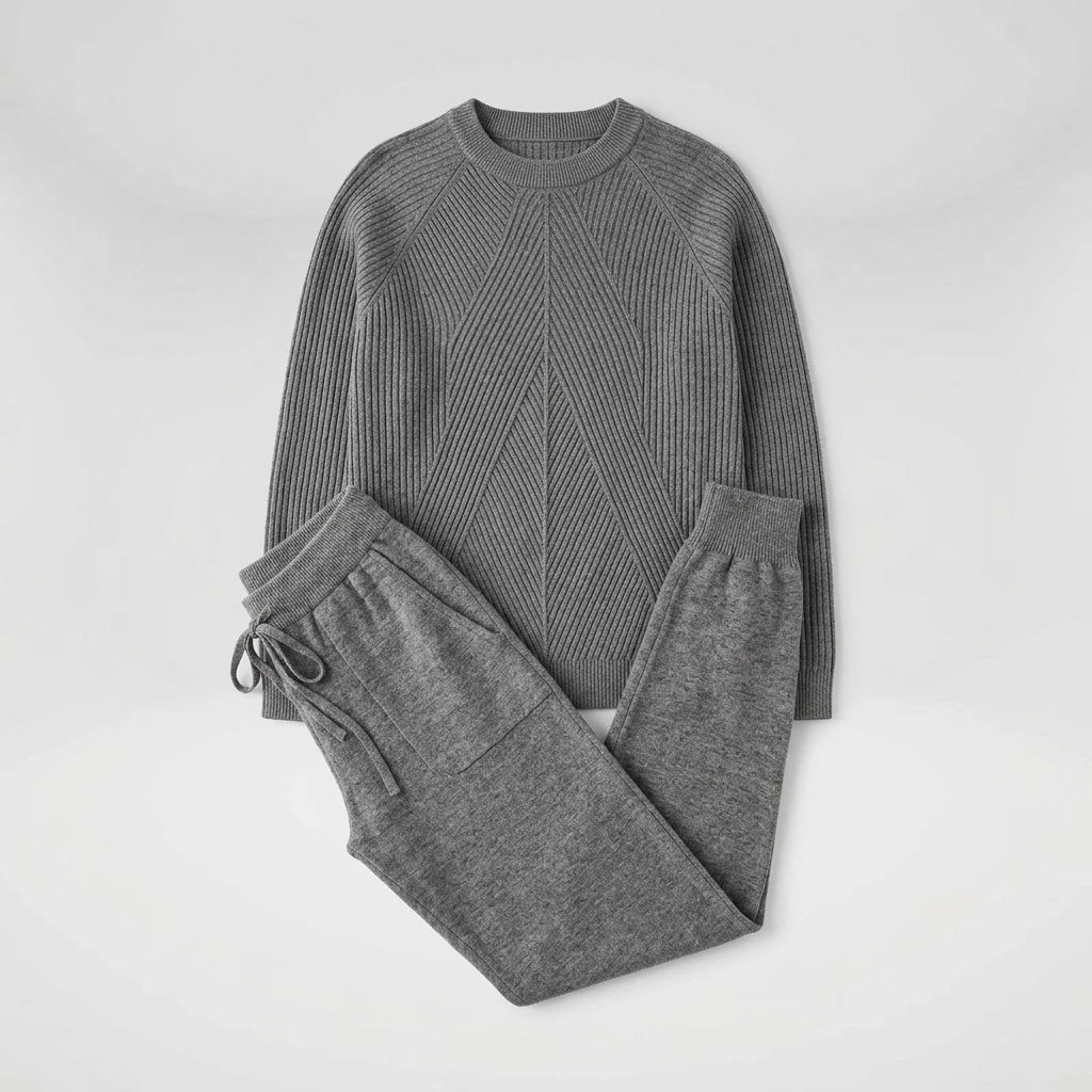 Flat-lay product shot of the knit sweater and pants set