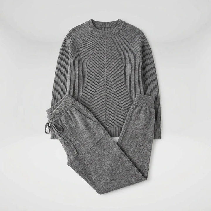Flat-lay product shot of the knit sweater and pants set