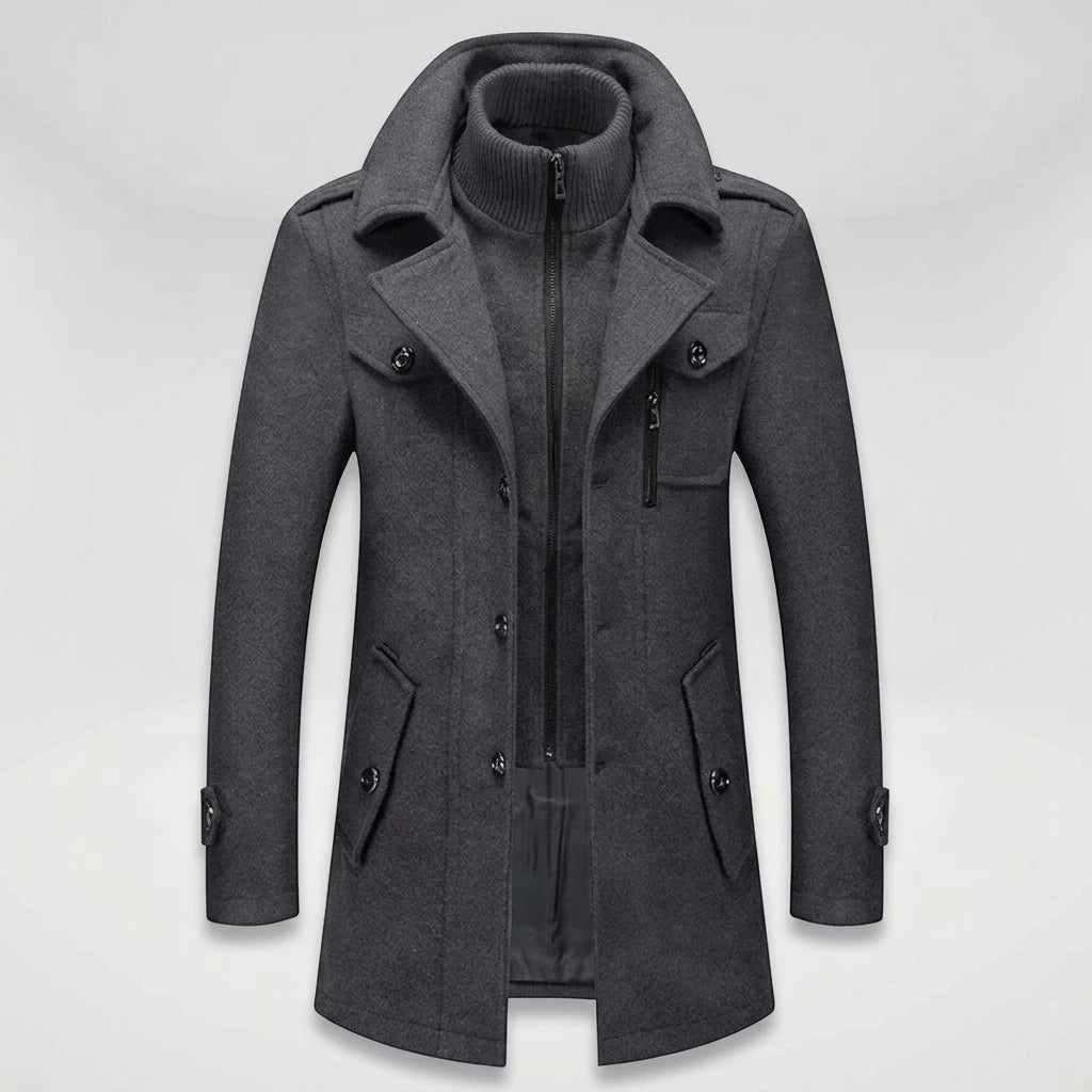Men's gray winter overcoat — front view with knit scarf collar and button closure