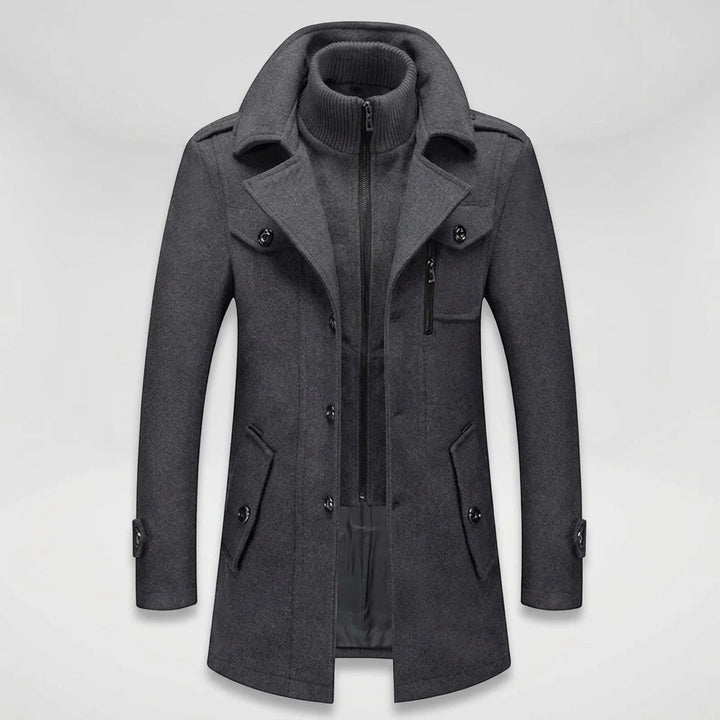 Men's gray winter overcoat — front view with knit scarf collar and button closure