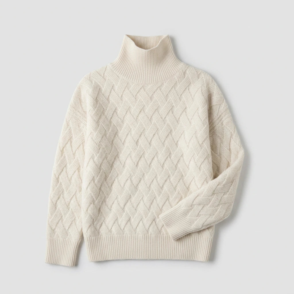 Women's turtleneck pullover sweater in beige, long sleeve — ecommerce flat lay