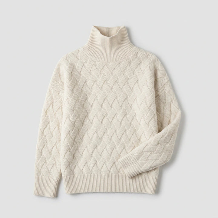 Women's turtleneck pullover sweater in beige, long sleeve — ecommerce flat lay
