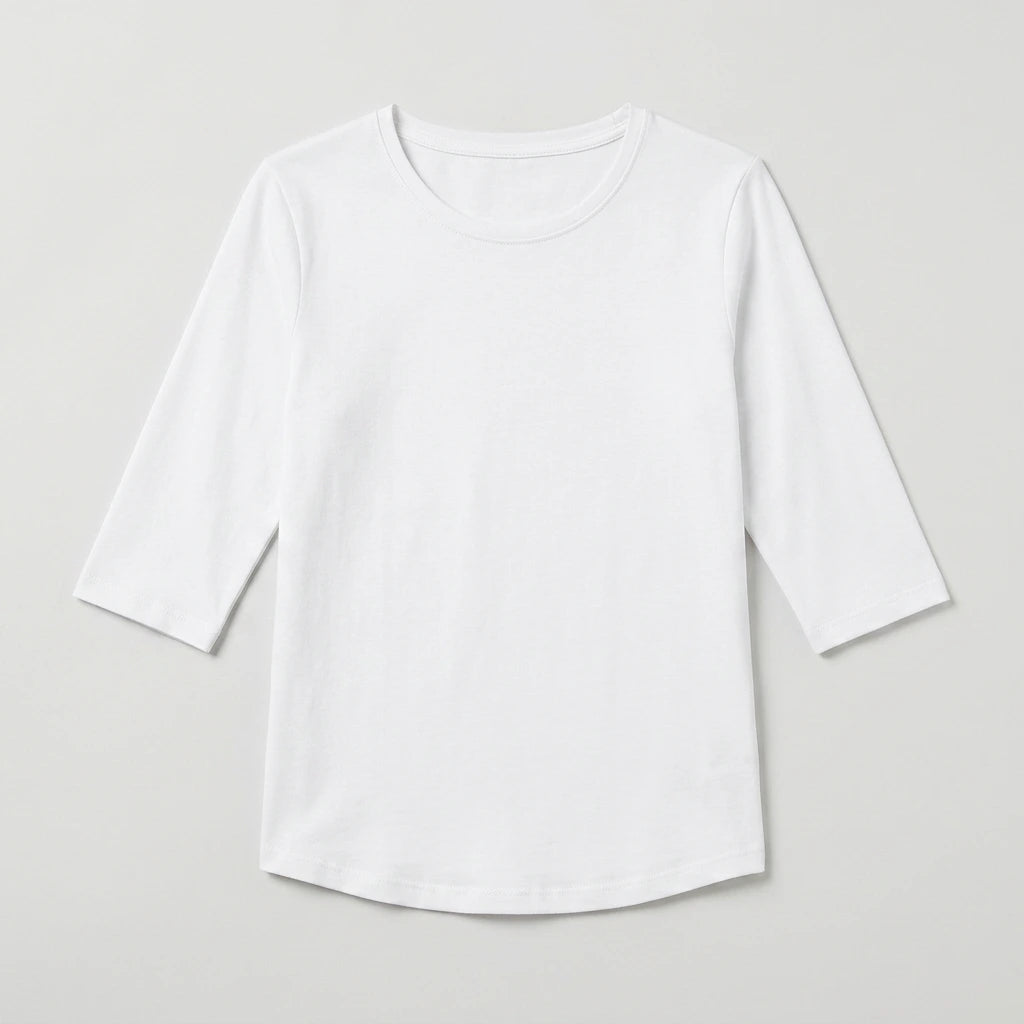 Women's crew neck top with 3/4 sleeves in white, front view