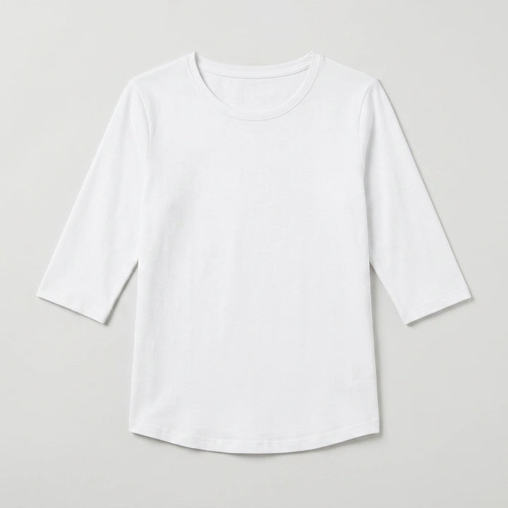 Women's crew neck top with 3/4 sleeves in white, front view