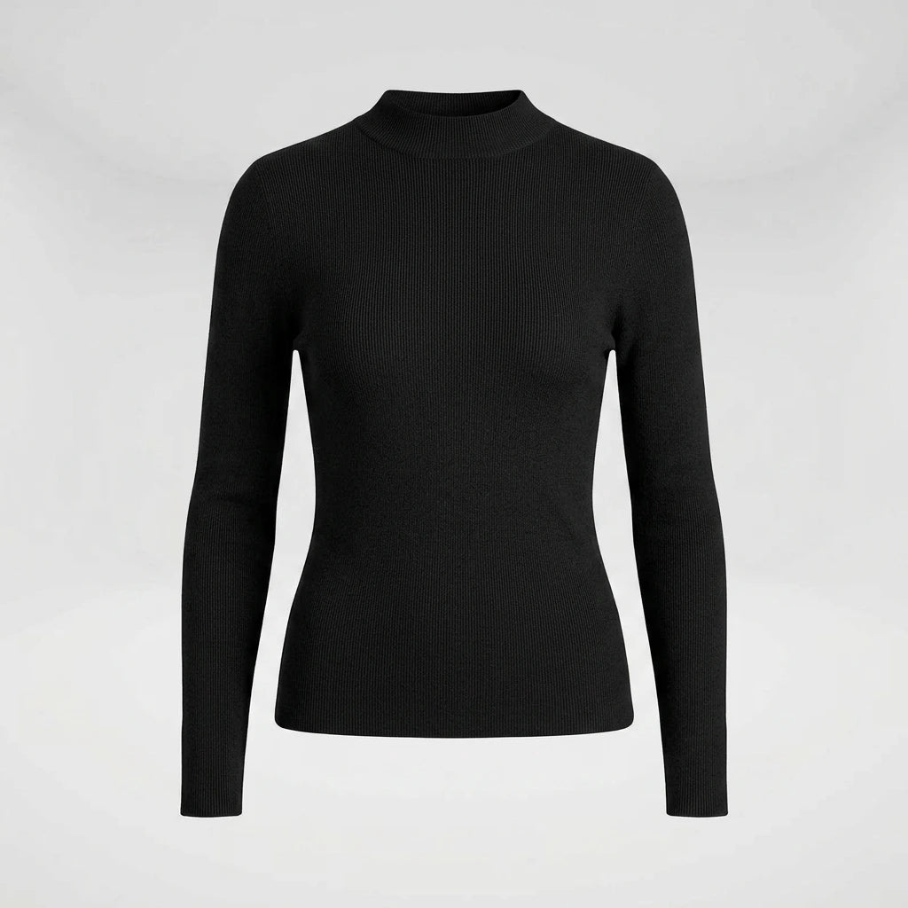 Women's slim-fit black mock-neck ribbed knit sweater, front view
