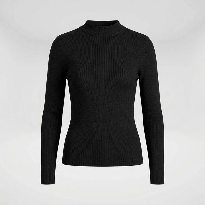 Women's slim-fit black mock-neck ribbed knit sweater, front view