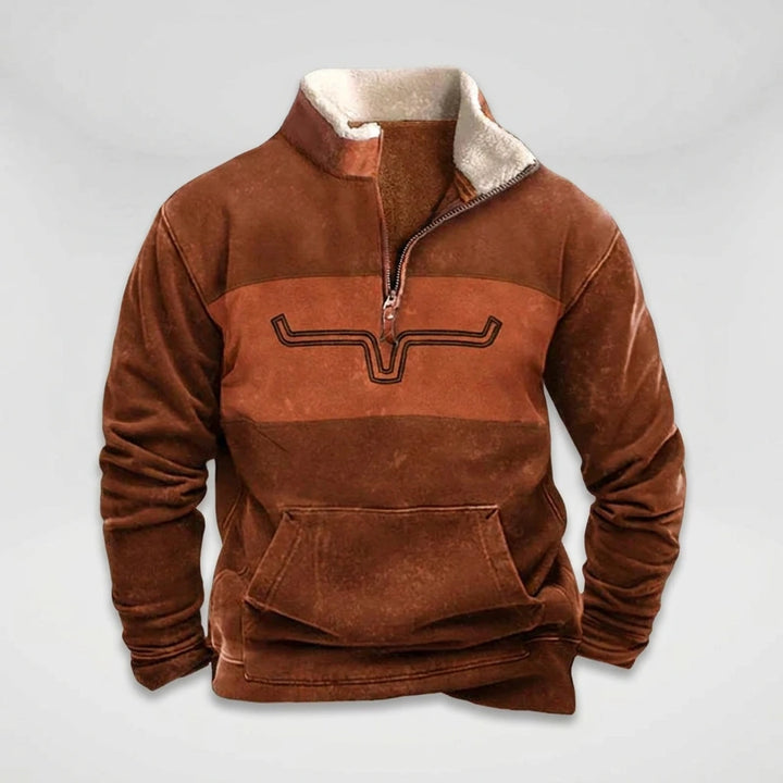 Men's dark brown quarter-zip pullover with embroidered longhorn chest detail, flat lay