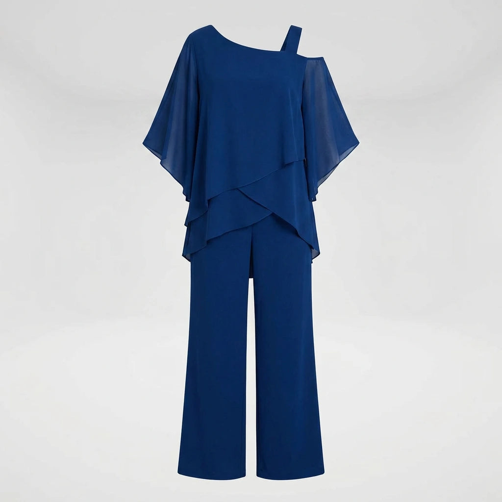 Blue chiffon layered top and wide-leg pants set, flat-lay front view