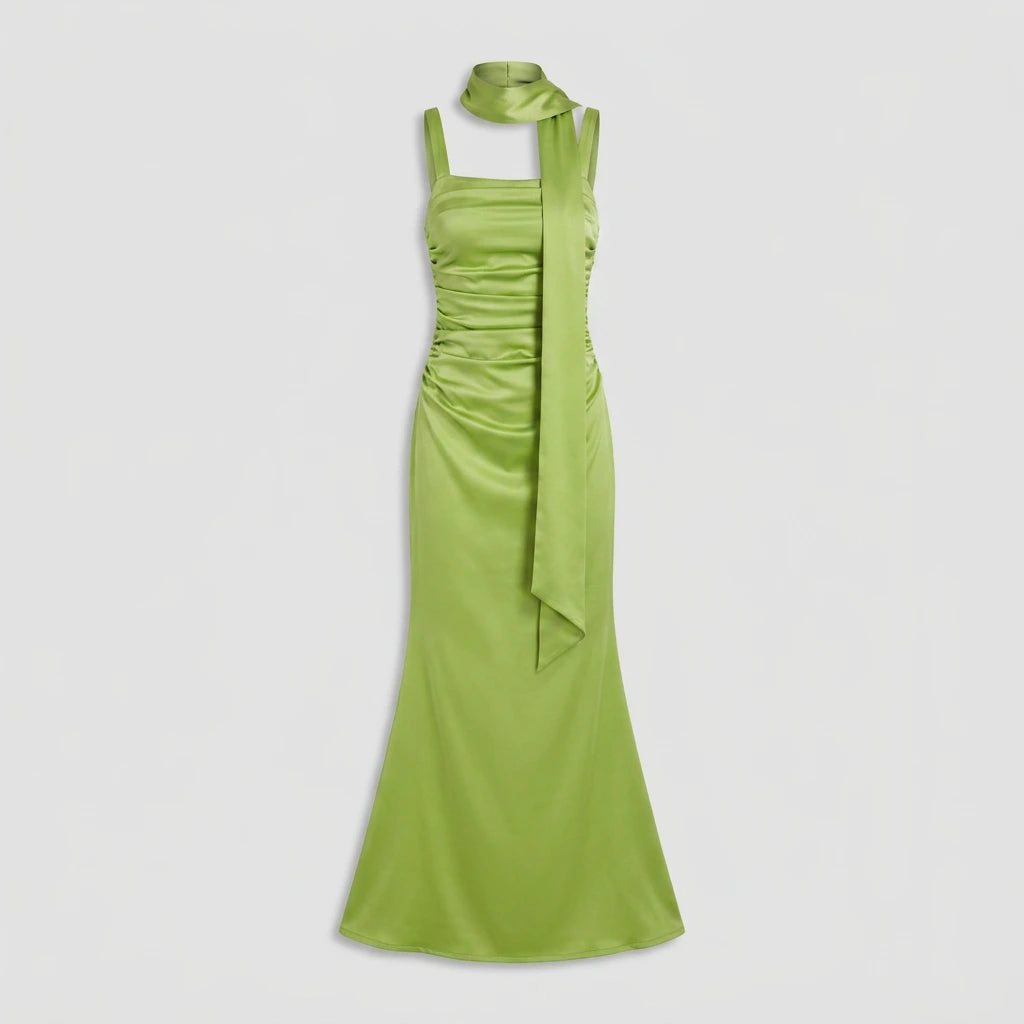 Women's satin maxi dress with ruched waist – clean product photo showing square neckline detail