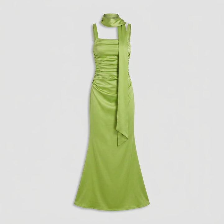Women's satin maxi dress with ruched waist – clean product photo showing square neckline detail