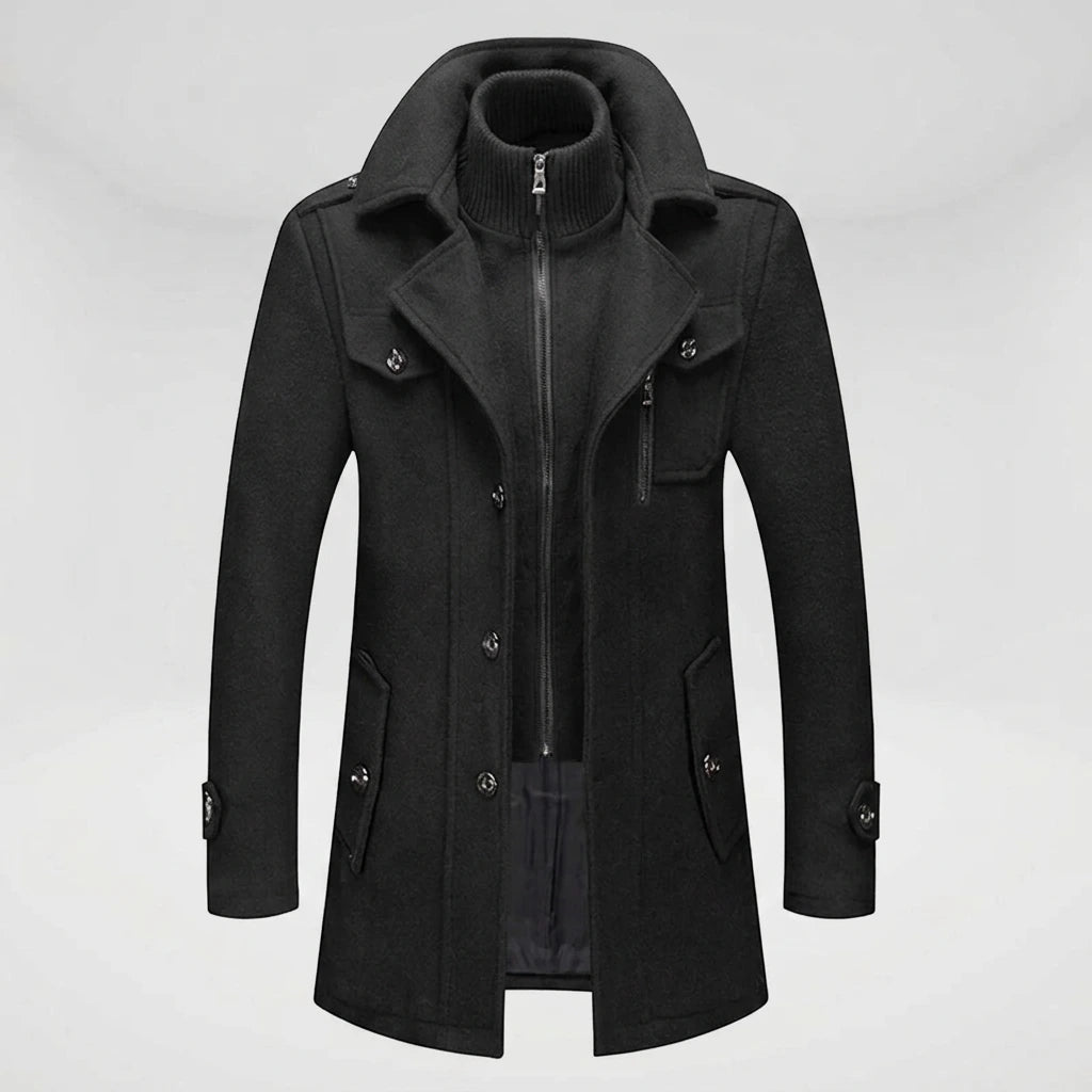 Men's black winter overcoat — front view with knit scarf collar and button closure
