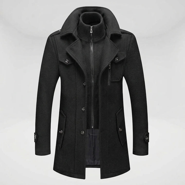 Men's black winter overcoat — front view with knit scarf collar and button closure