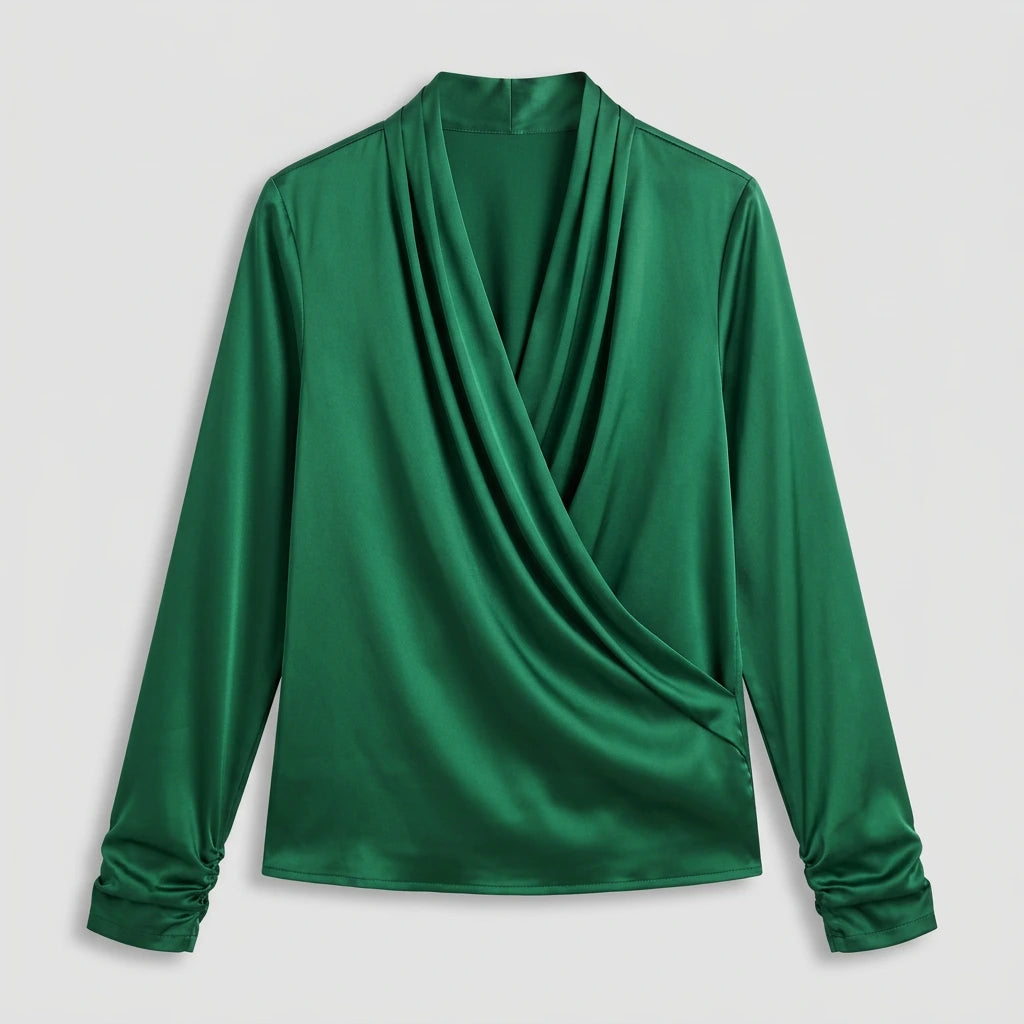 Women's wrap blouse long sleeve V-neck green, flat lay
