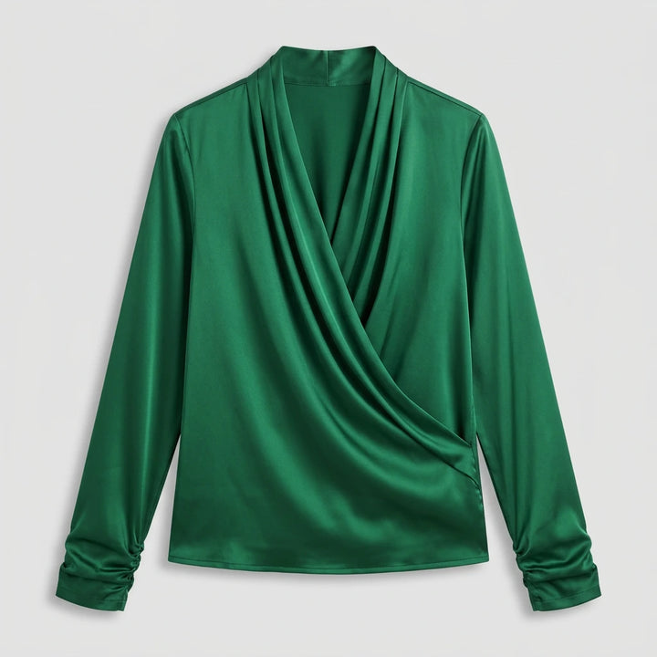 Women's wrap blouse long sleeve V-neck green, flat lay