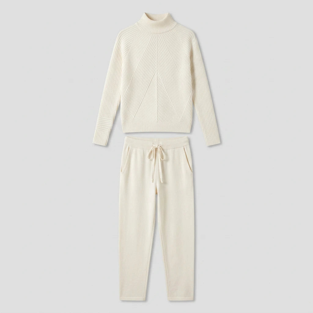 Front flat-lay of the women's knit lounge set showing the turtleneck sweater and drawstring pants