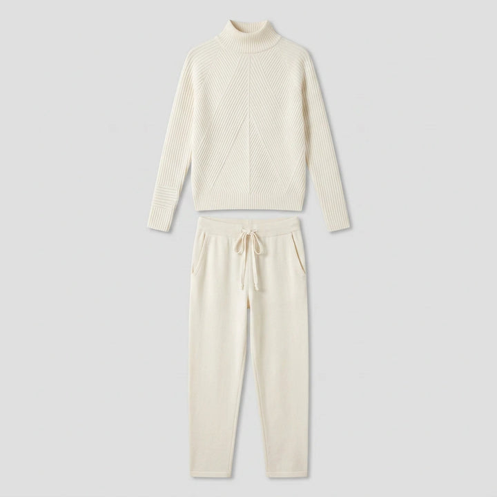 Front flat-lay of the women's knit lounge set showing the turtleneck sweater and drawstring pants