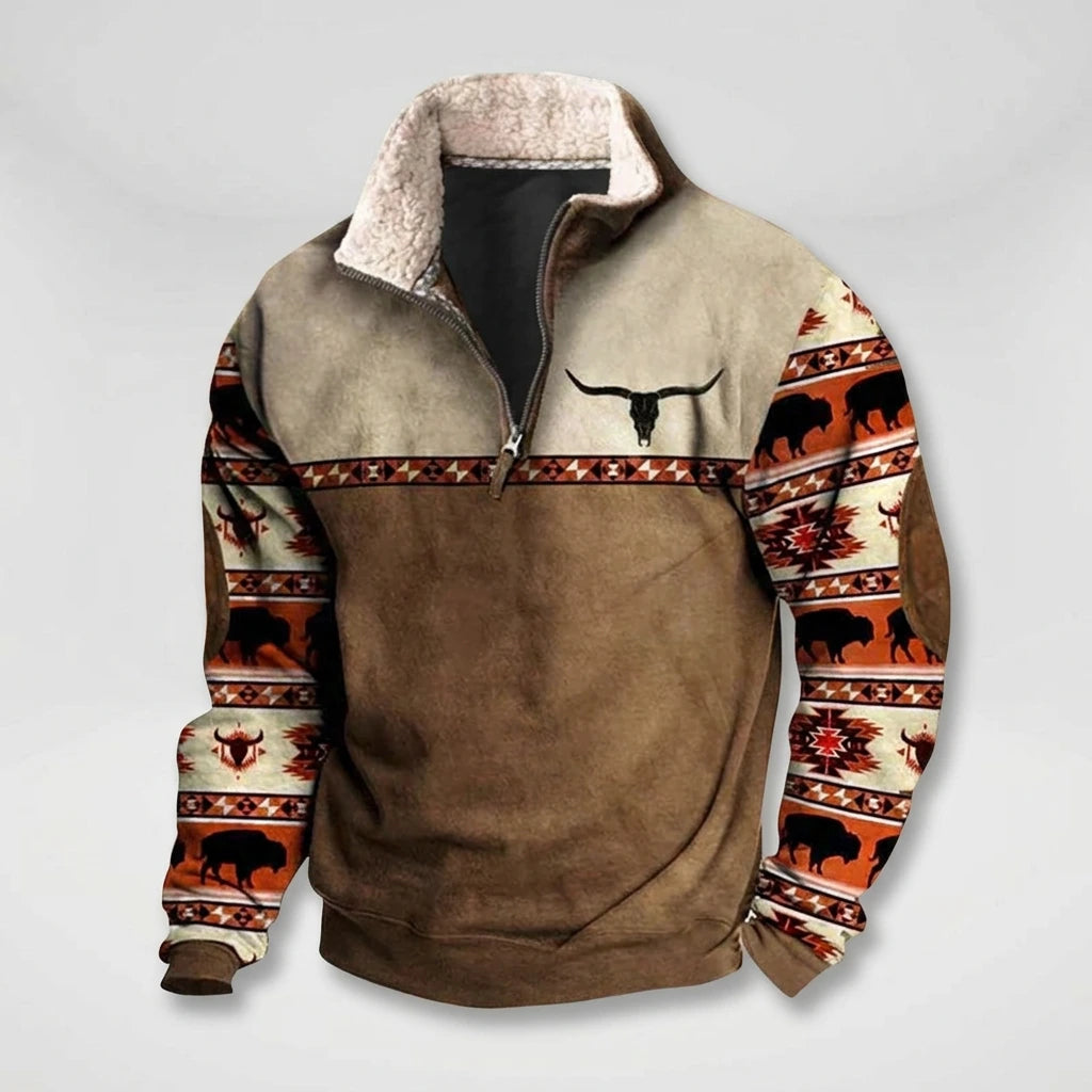 Men's two-tone Western pullover with bison and longhorn print sleeves, flat lay