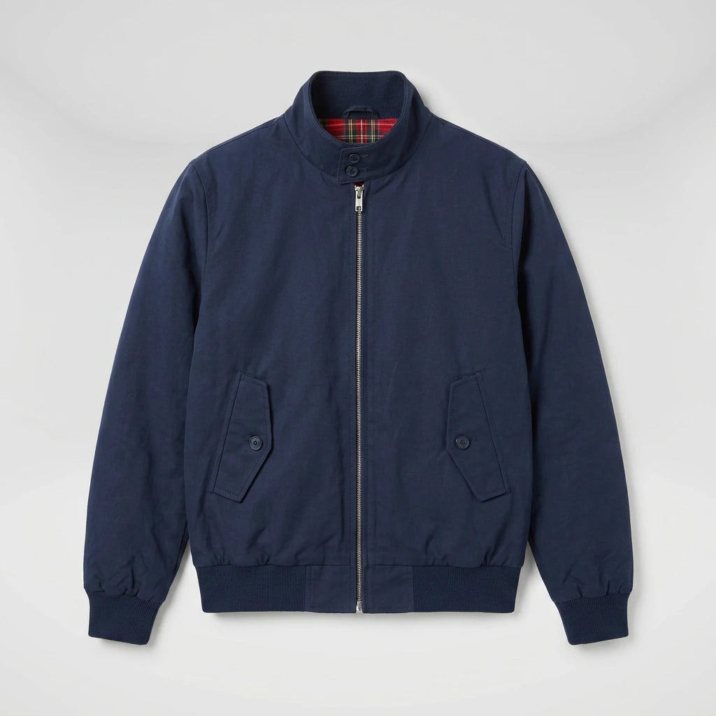 Men's Harrington jacket dark blue full-zip flat lay overhead view