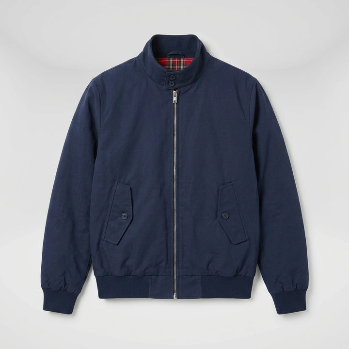 Men's Harrington jacket dark blue full-zip flat lay overhead view