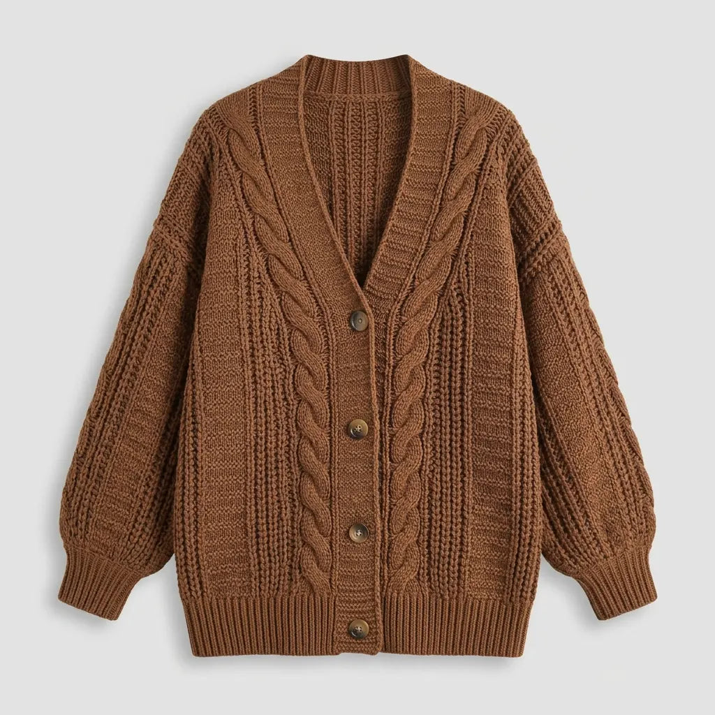 Women's chunky cable knit cardigan flat lay in beige, showing full front view
