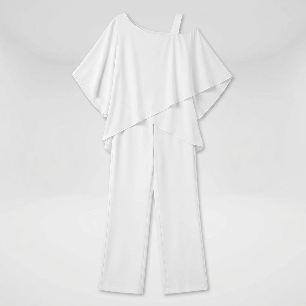 White chiffon layered top and wide-leg pants set, flat-lay front view