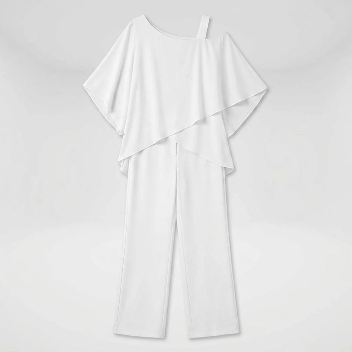 White chiffon layered top and wide-leg pants set, flat-lay front view