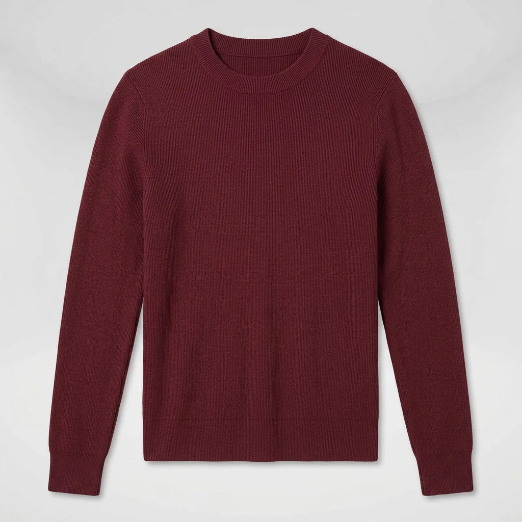 Women's dark red slim-fit ribbed mock-neck sweater, front flat lay