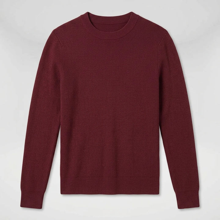 Women's dark red slim-fit ribbed mock-neck sweater, front flat lay