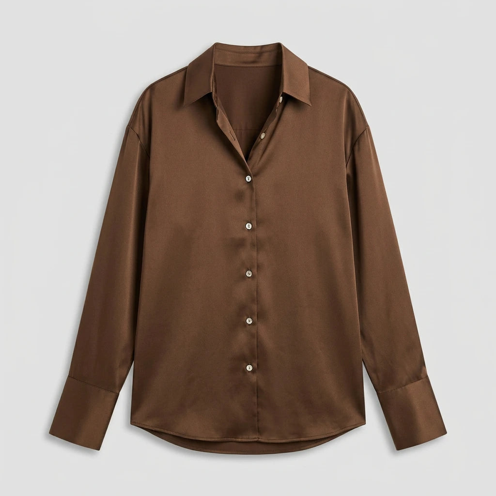 Brown satin blouse flat lay, front view