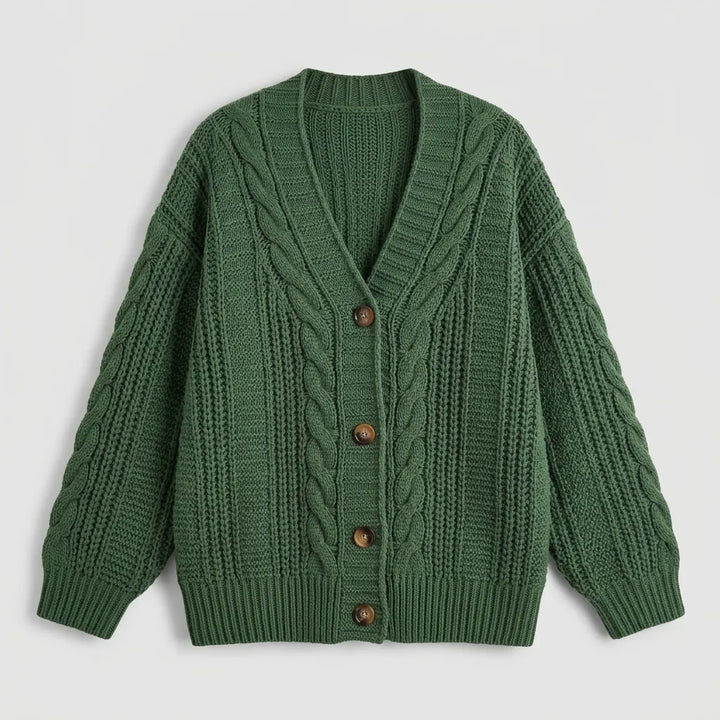 Women's cable knit cardigan flat lay in burgundy showing lantern sleeves
